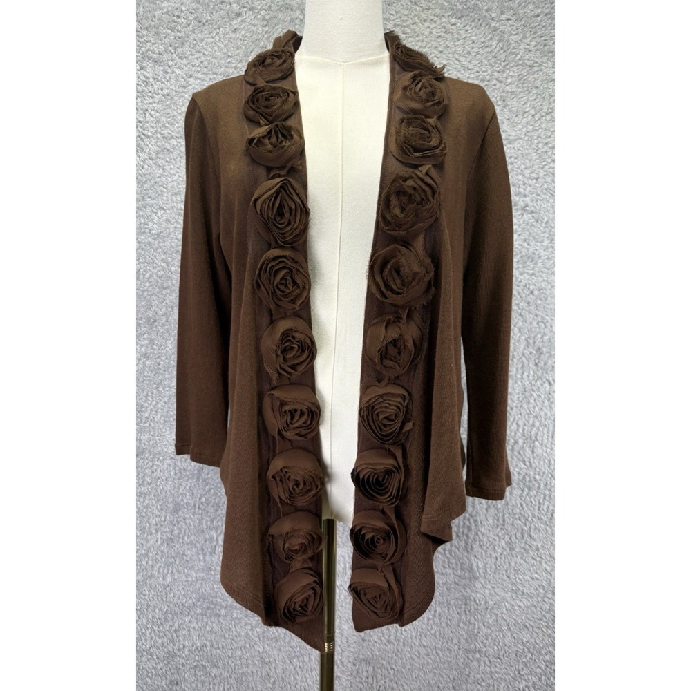 Eci Womens Brown Open Front Cardigan 3D Floral Rosette Trim Boho Chic Medium
